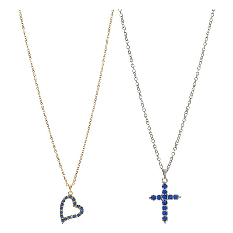 Sapphire September Birthstone 2pc Pendant Necklace Set Gold Heart Silver Cross 13$